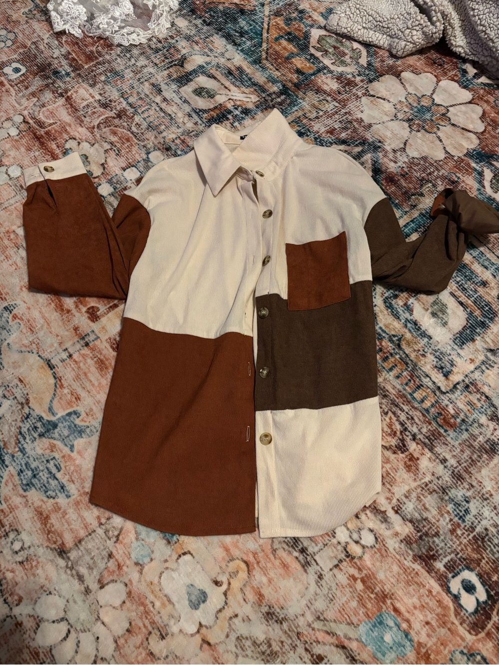 ****BUNDLE****Womens Colorblock Button-Up Shirt in Cream and Brown